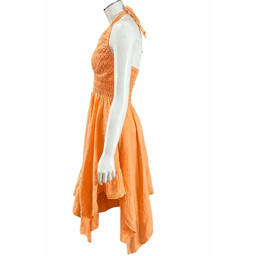 Orange Halter Dress Crochet Embroidered Boho Summer Resort Vacation Beach Vibes - Picture 3 of 8